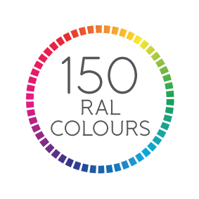 A logo that says 150 ral colors in a circle