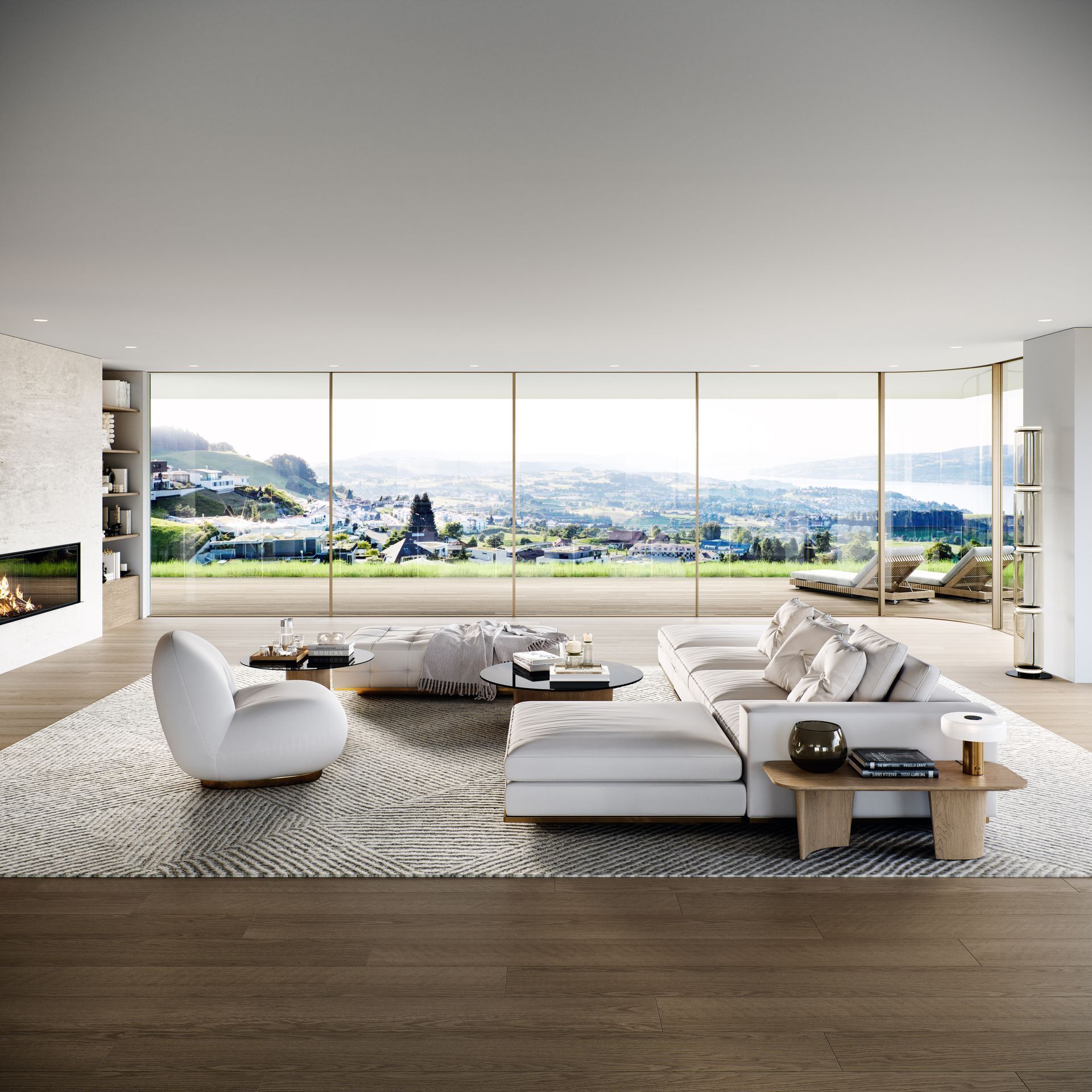 A living room with a large sectional couch and a fireplace