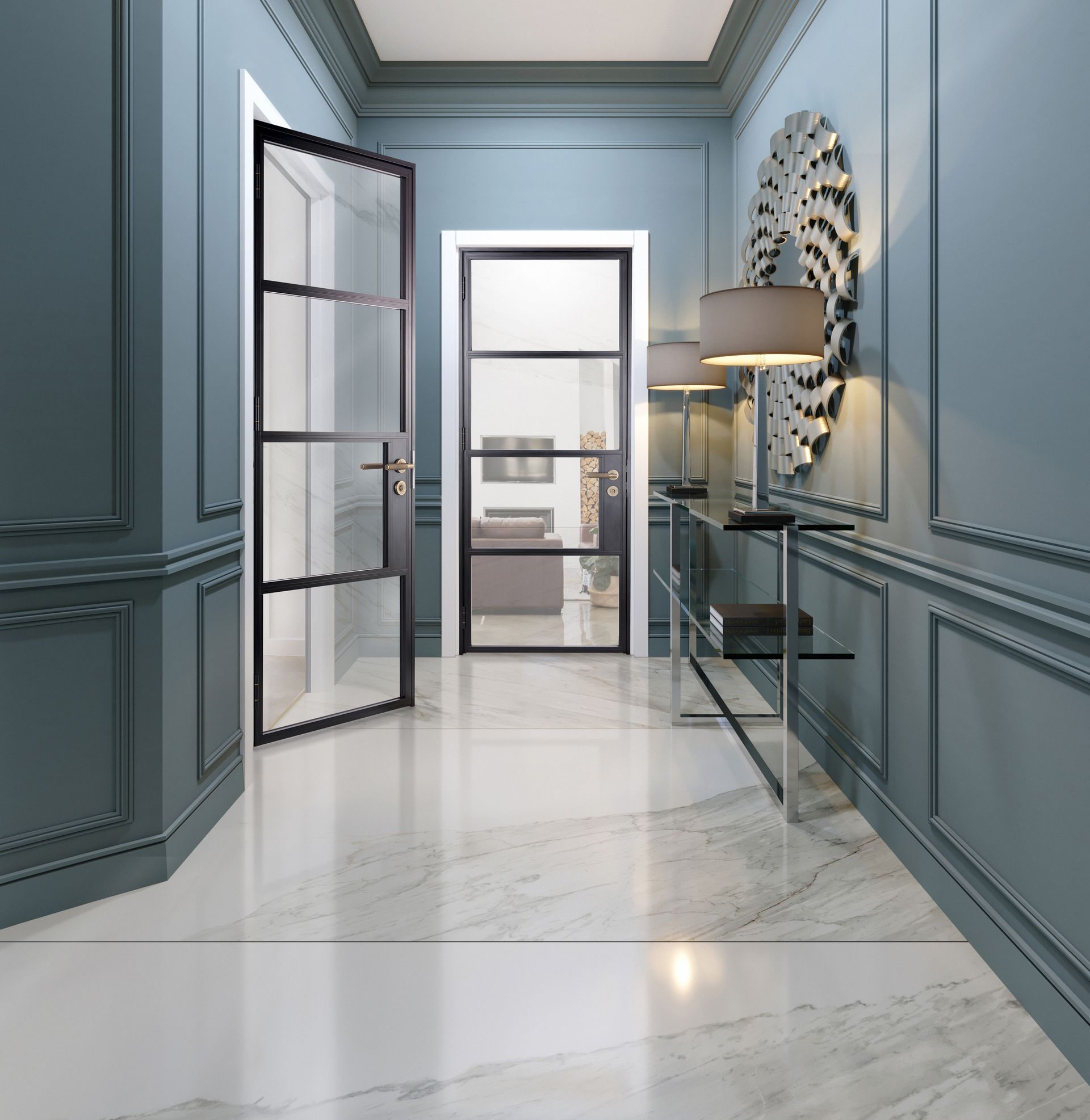 A hallway with blue walls and a glass door