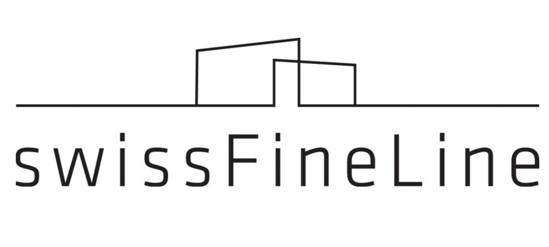 The logo for swissfineline is a line drawing of a building.