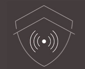 A line drawing of a shield with a wireless signal coming out of it.
