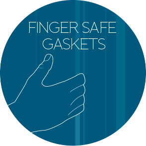 A blue circle with the words finger safe gaskets on it