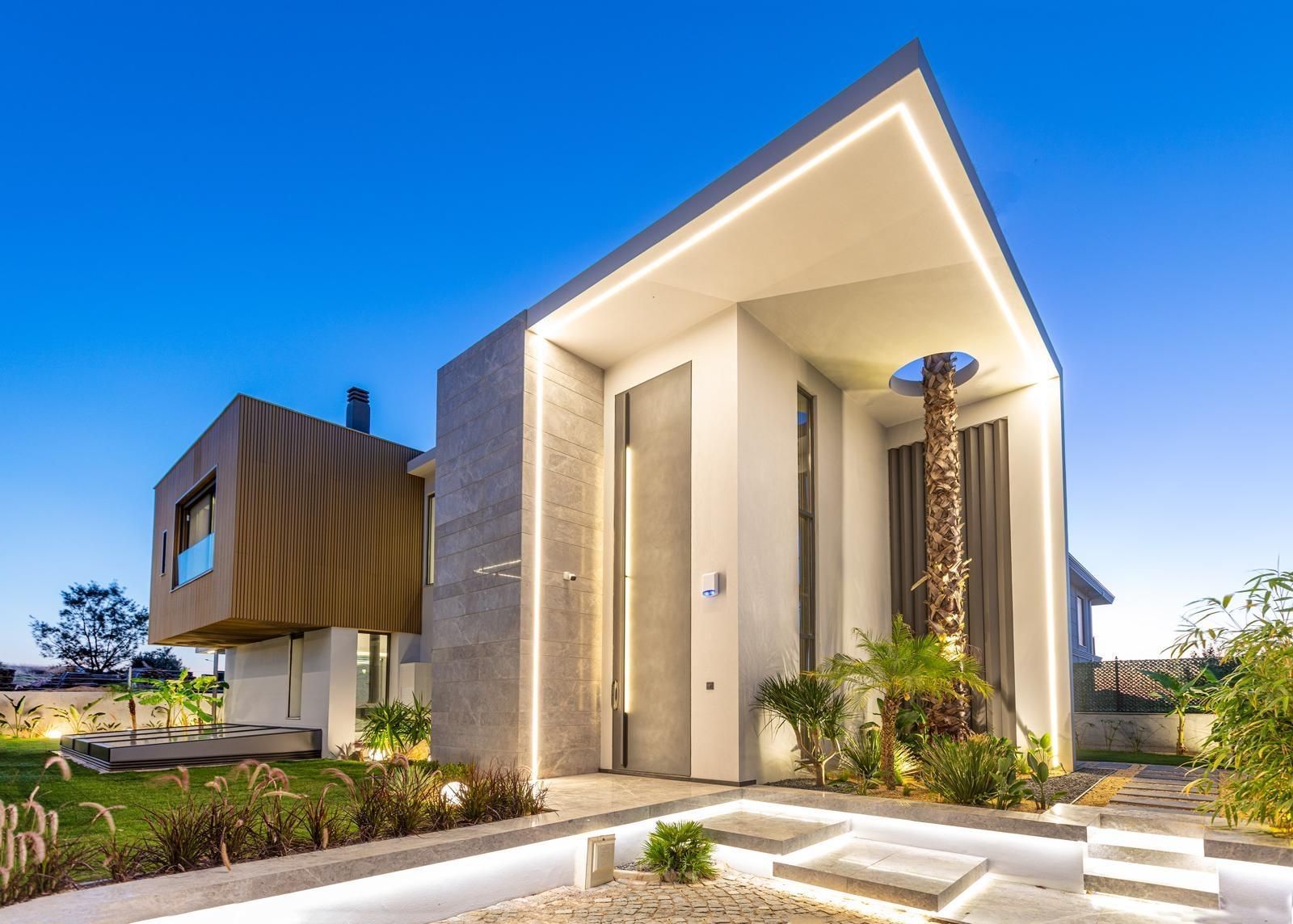 A modern house with a palm tree in front of it.
