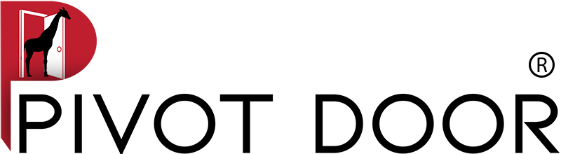 The logo for pivot door is a red and black logo on a white background.