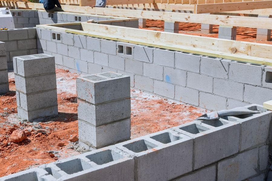 Foundation of a building under construction with gray concrete blocks and wooden beams on reddish dirt.