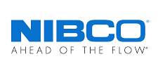 The nibco logo is blue and white and says `` ahead of the flow ''.