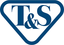 A logo for t & s in a blue triangle