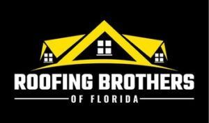 Logo for Roofing Brothers of Florida, featuring yellow roof shapes and text on black background.