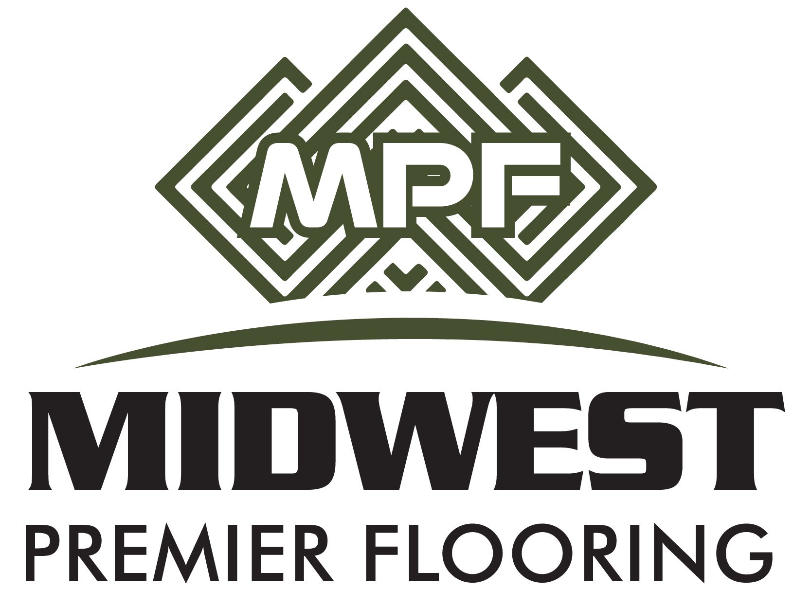 The logo for midwest premier flooring is green and white.
