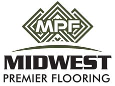 The logo for midwest premier flooring is green and white.