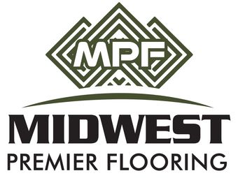 The logo for midwest premier flooring is green and white.