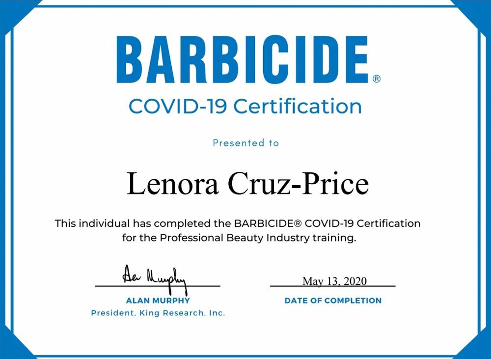 A certificate that says barbicide covid-19 certification