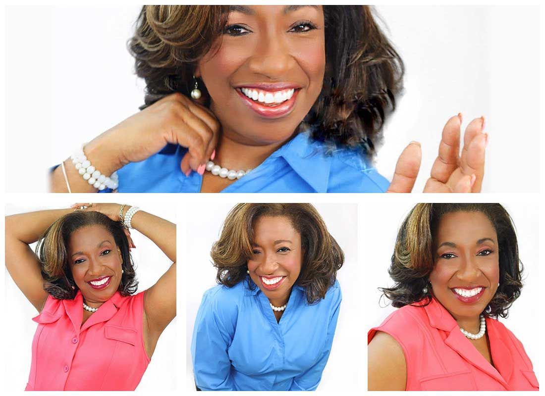 A woman in a blue shirt is smiling in a collage of photos