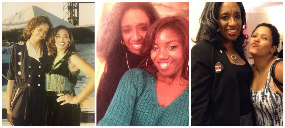 A collage of four photos of two women posing for a picture