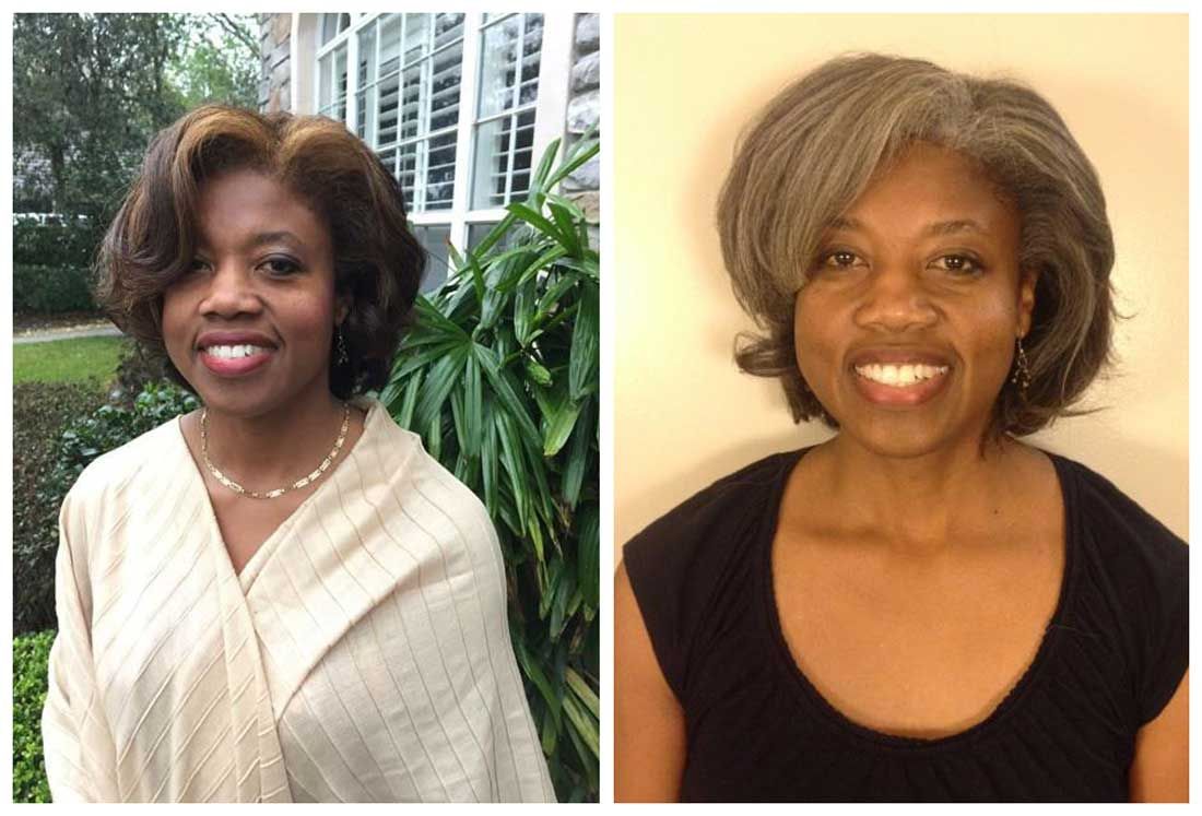 A before and after photo of a woman with gray hair