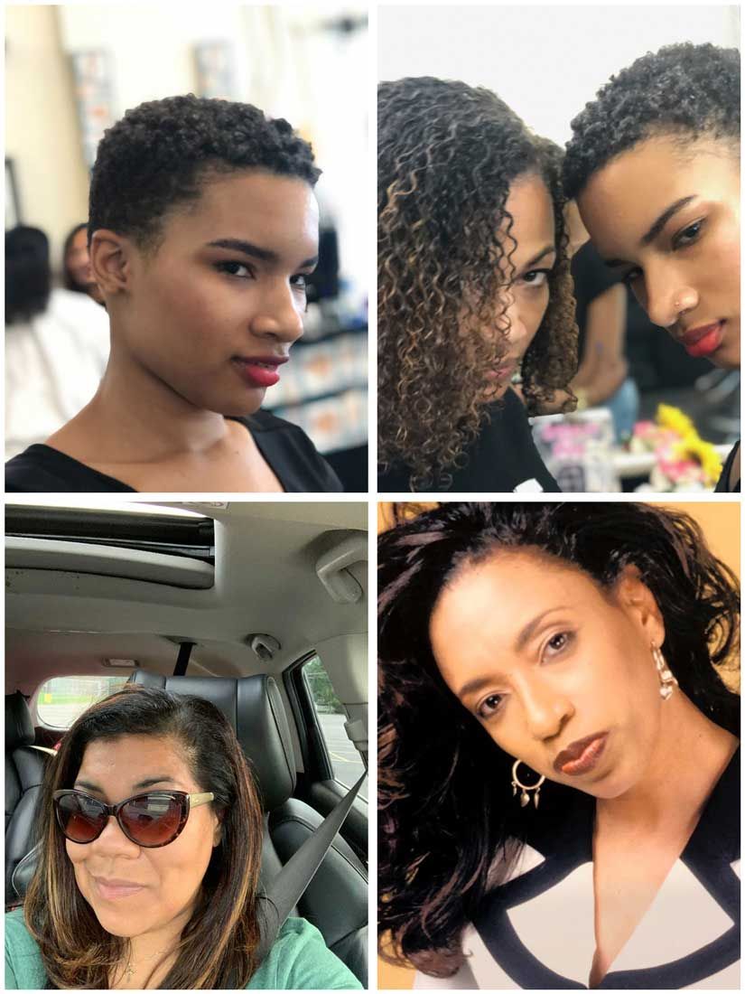 A collage of four pictures of a woman with curly hair