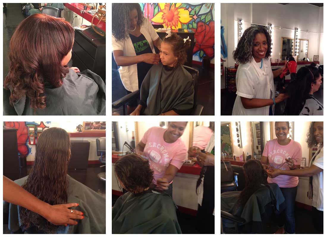 A collage of photos of a woman getting her hair cut