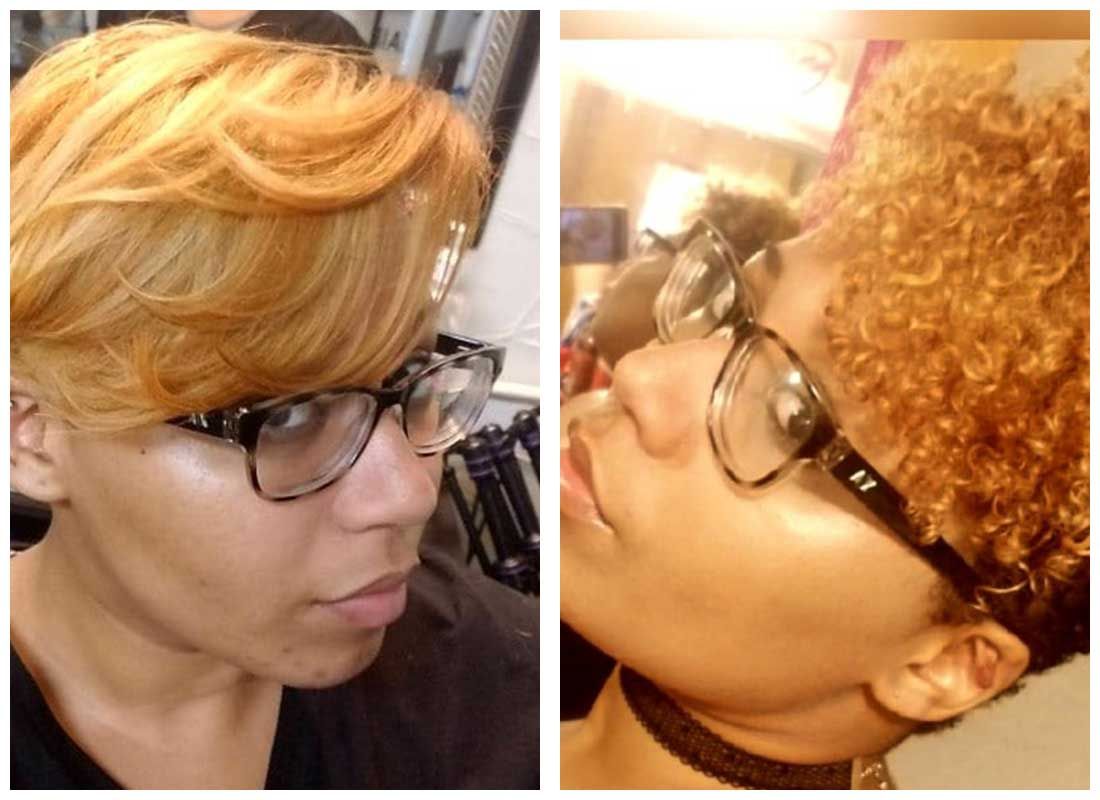 Two pictures of a woman wearing glasses and a choker