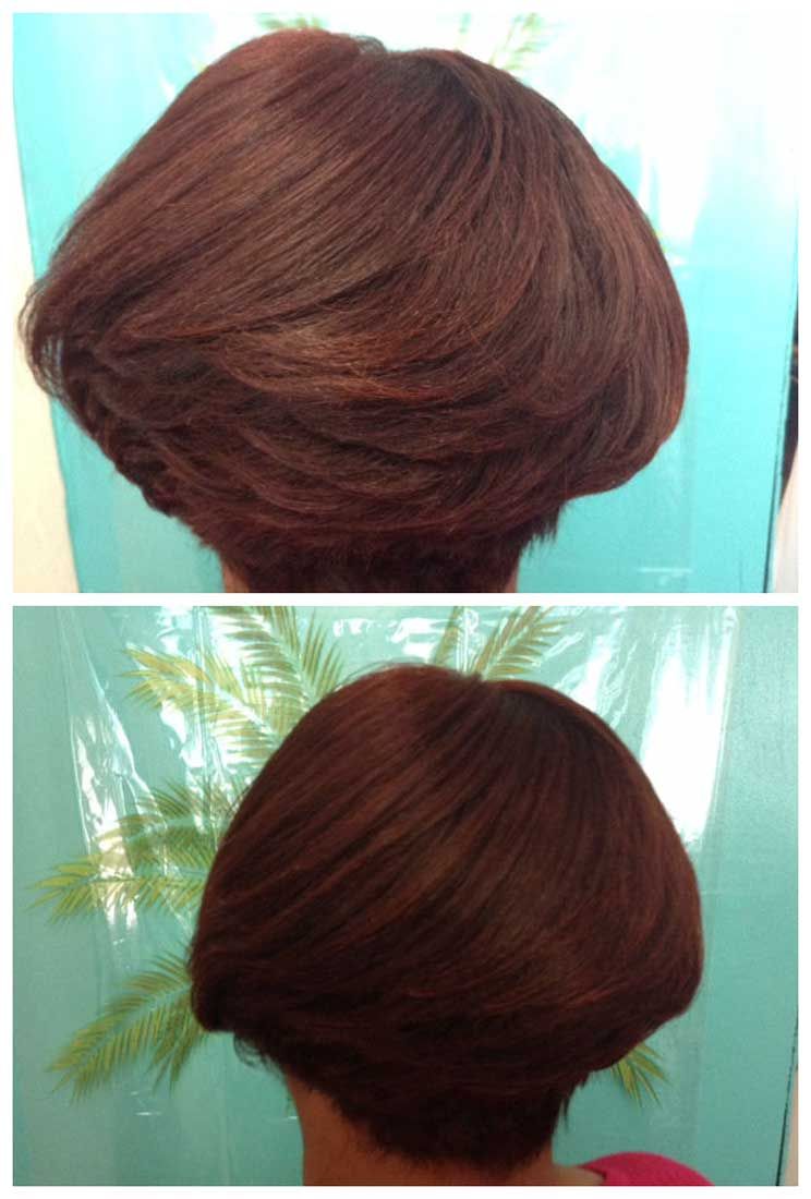 Two pictures of a woman 's hair before and after a haircut.