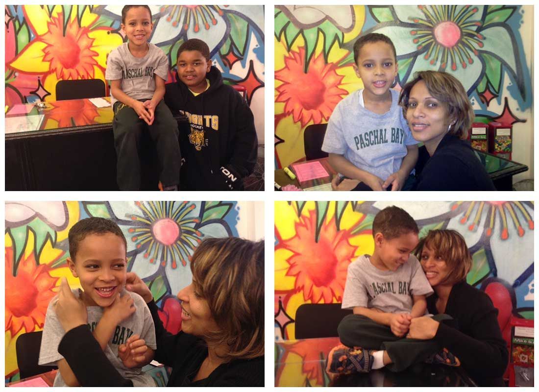 A collage of four pictures of a woman and two children