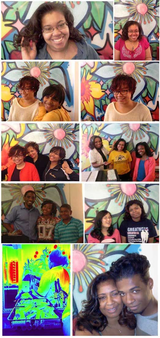 A collage of photos of a group of people standing in front of a graffiti wall.