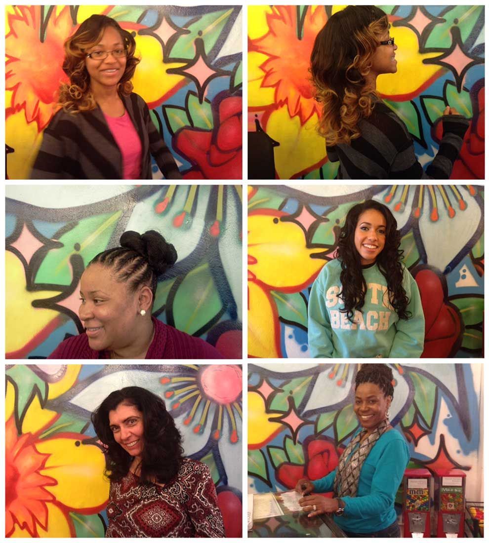 A collage of women standing in front of a mural with one wearing a sweatshirt that says san francisco