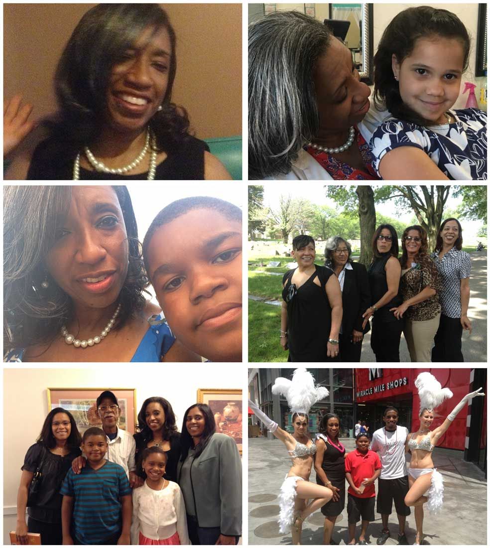 A collage of photos shows a woman holding a child