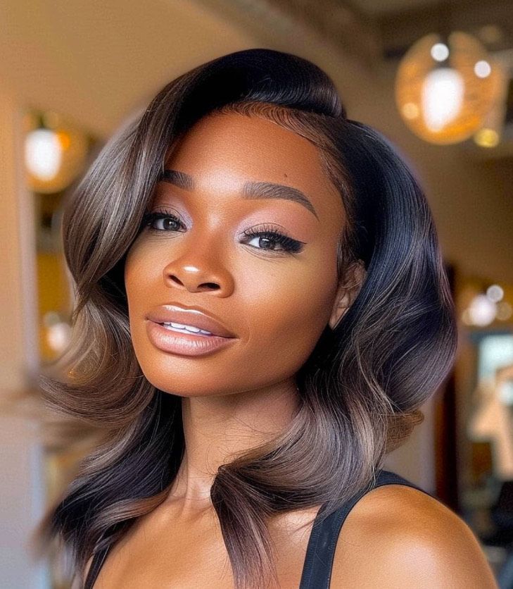 Woman with dark hair styled in voluminous waves, wearing makeup, looking at the camera. Soft lighting.