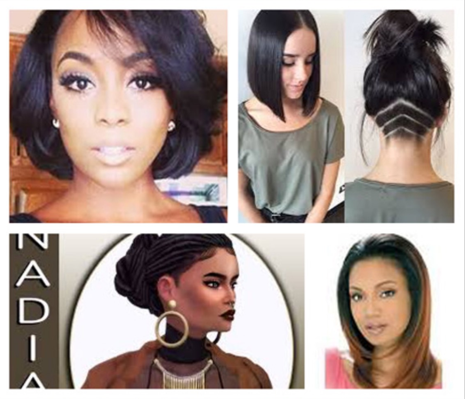 Five images of various hairstyles on women; including a bob, angled cut, undercut design, braided updo, and long layers.