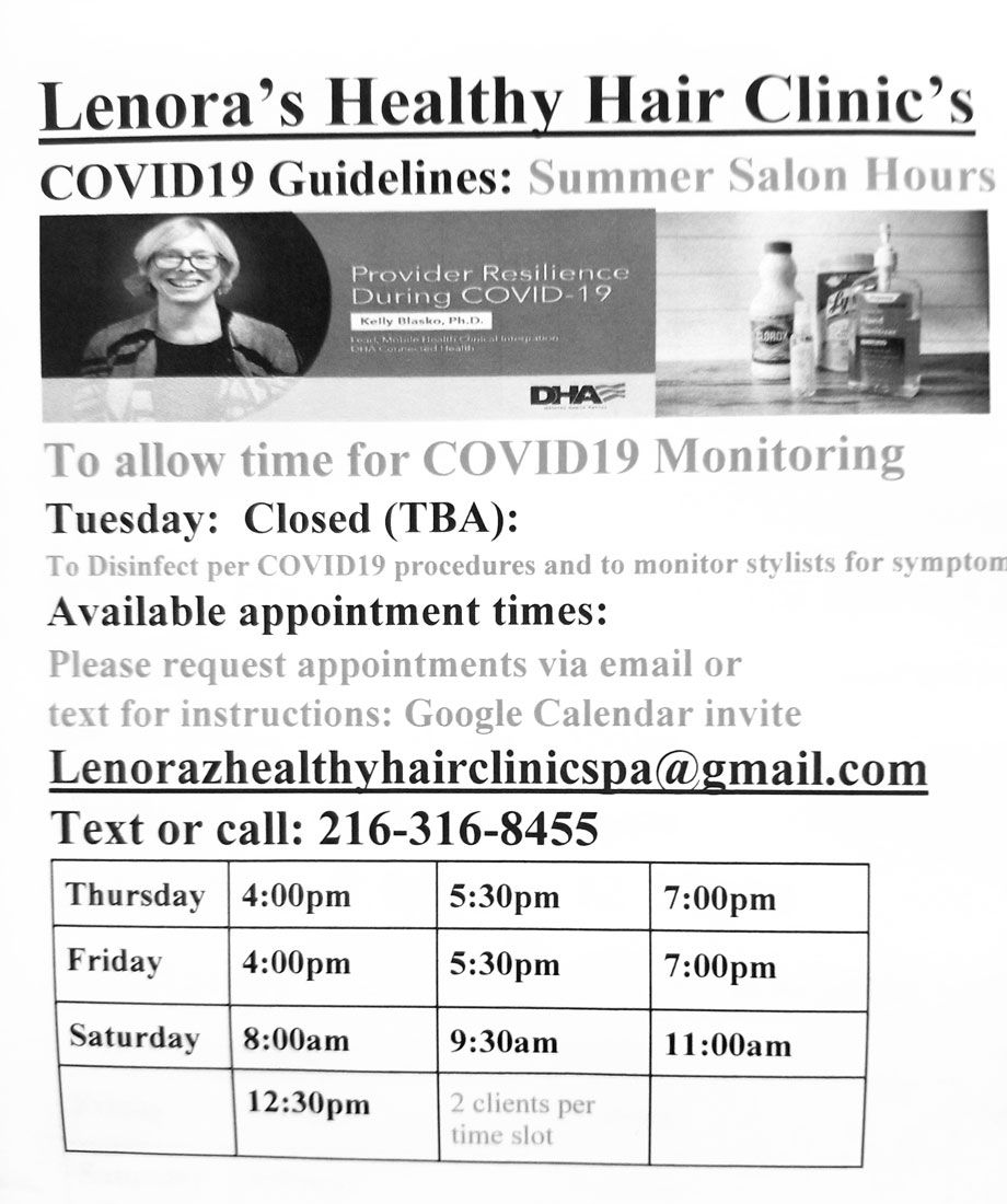 A flyer for lenora 's healthy hair clinic 's covid19 guidelines