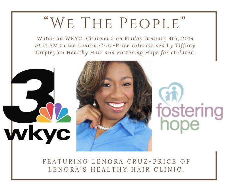 A woman is smiling in front of logos for wkyc and fostering hope
