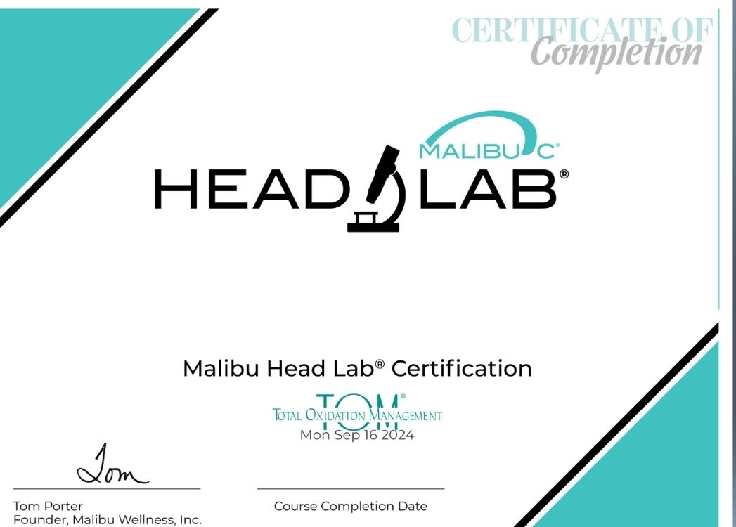 Certificate of Completion for Malibu Head Lab Certification, featuring a logo with a microscope, and teal and black accents.