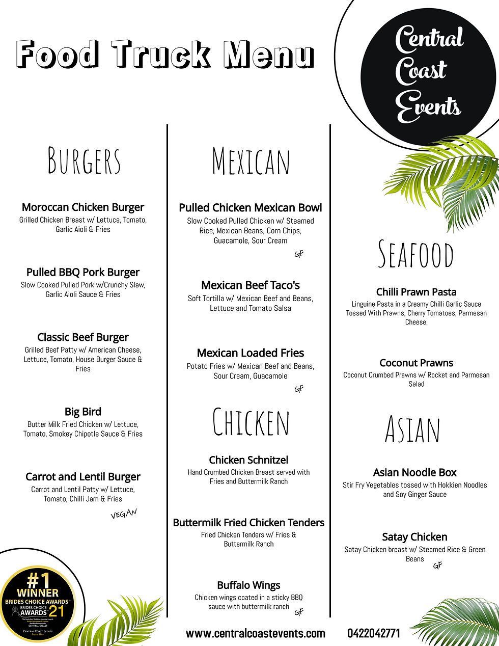 Food Truck Menu ― Central Coast Events in Berkeley Vale, NSW