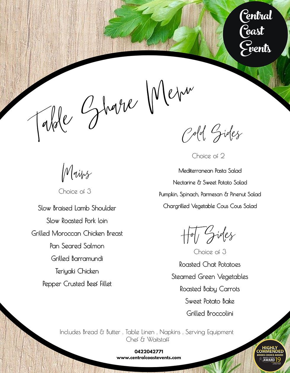 Table Share Menu ― Central Coast Events in Berkeley Vale, NSW
