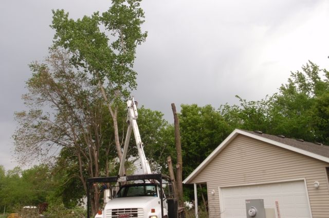 A white truck is cutting a tree in front of a garage.