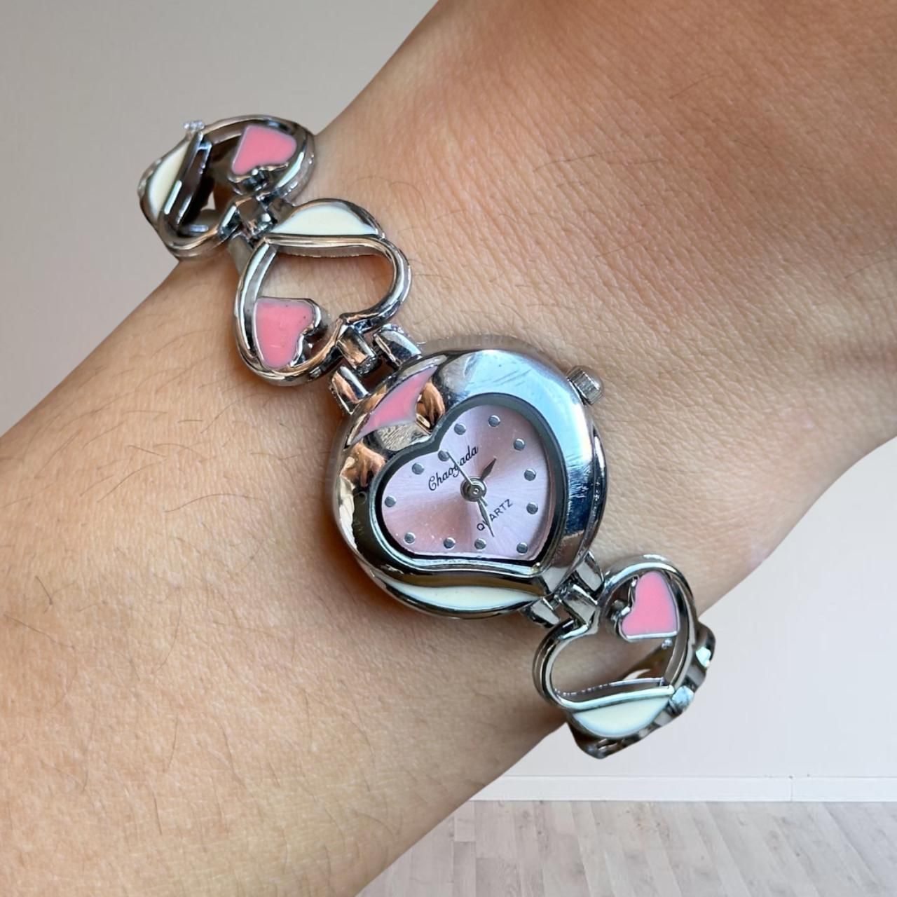 pink silver heart watch