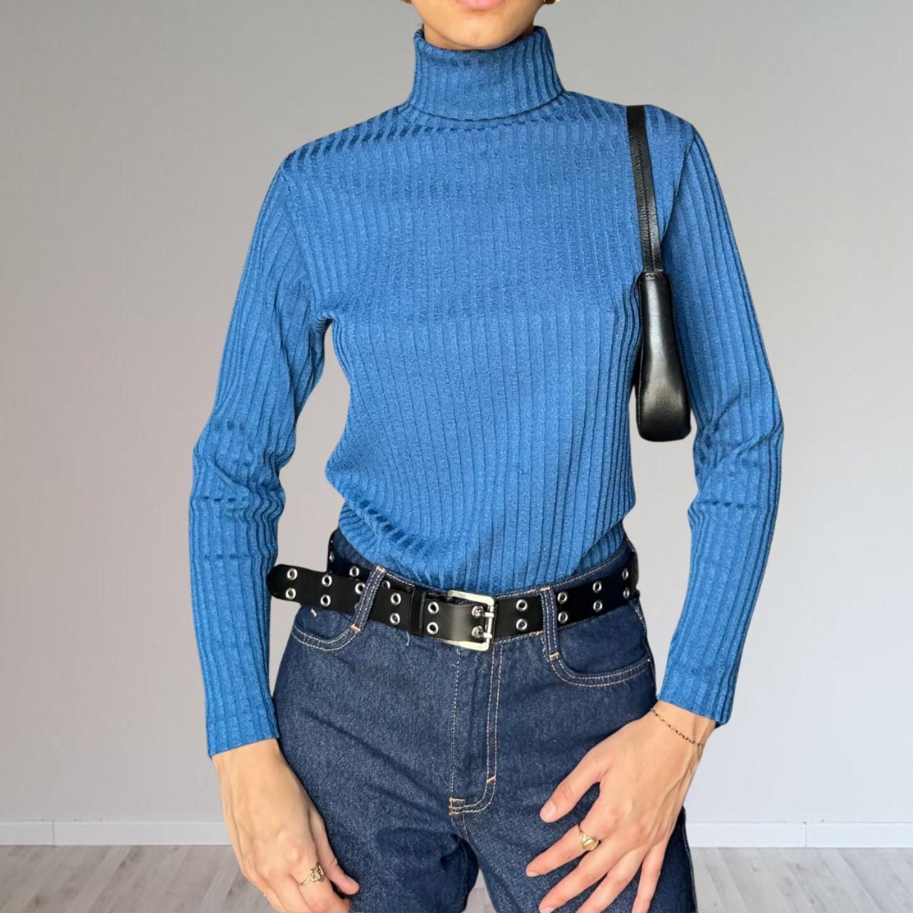 blue turtleneck sweater