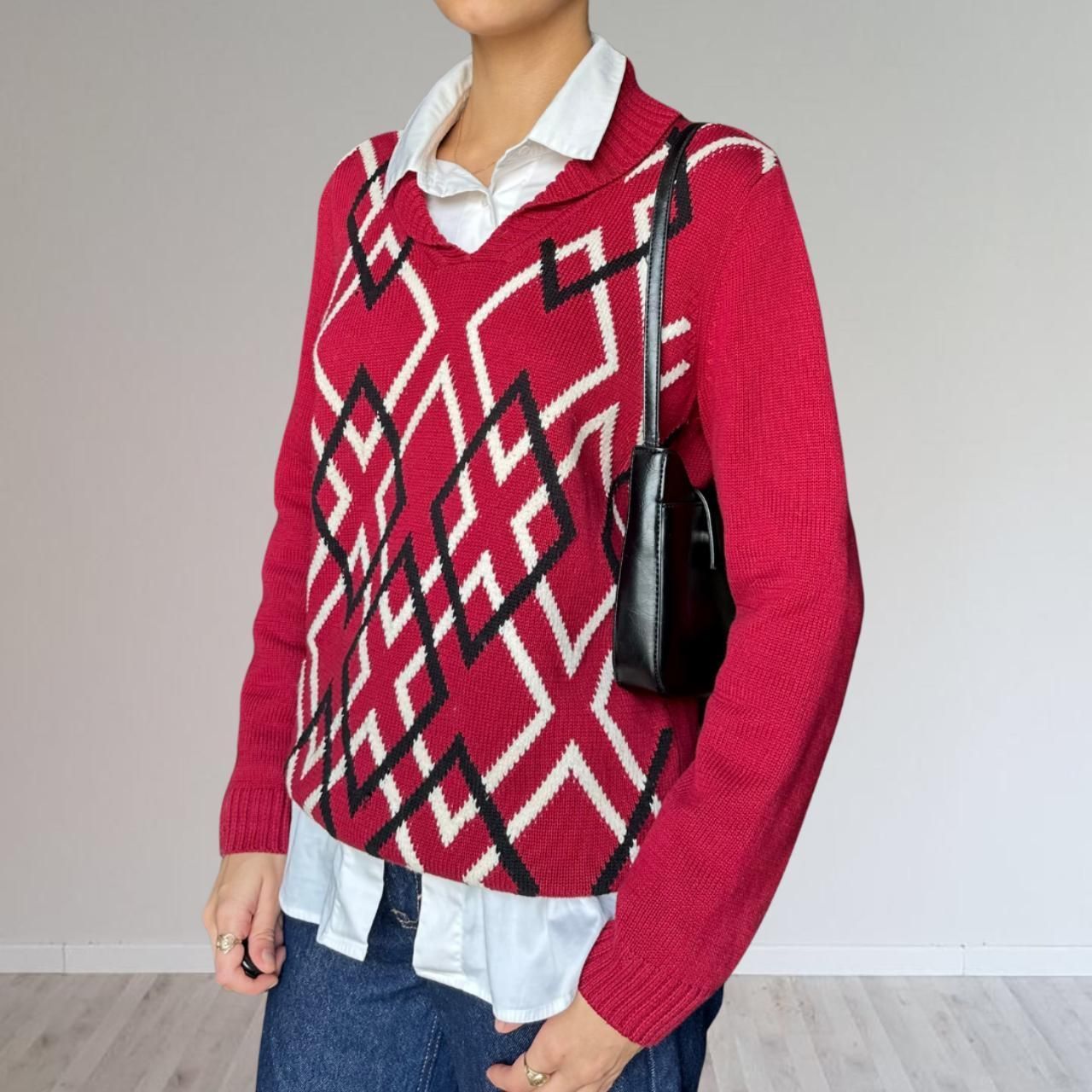 red geometric print knit sweater