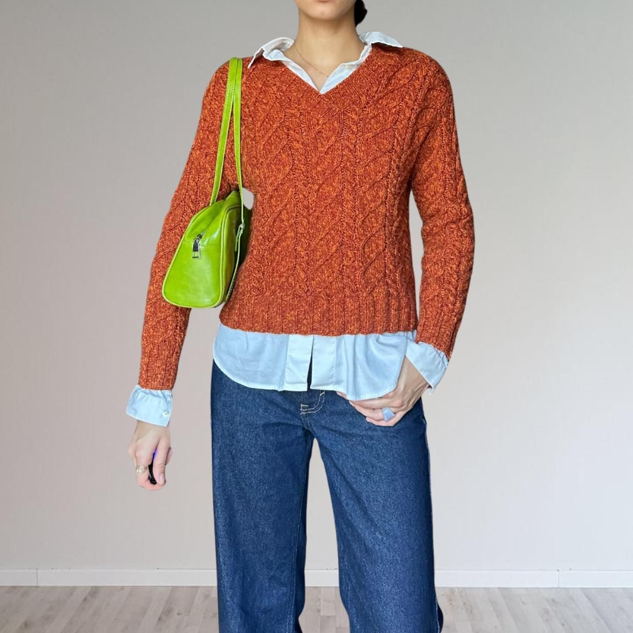 orange cable knit v neck sweater