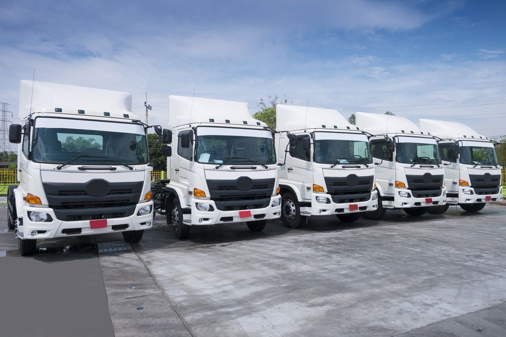A Row of Five Identical White Semi-trucks Parked in a Line on a Paved — Far North Windscreens in Mareeba, QLD