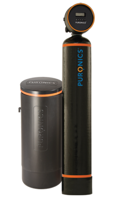 A black and orange water softener from puronics