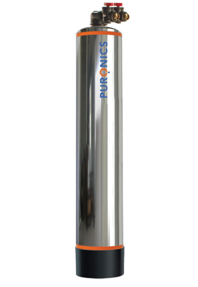 A stainless steel water filter is shown on a white background.