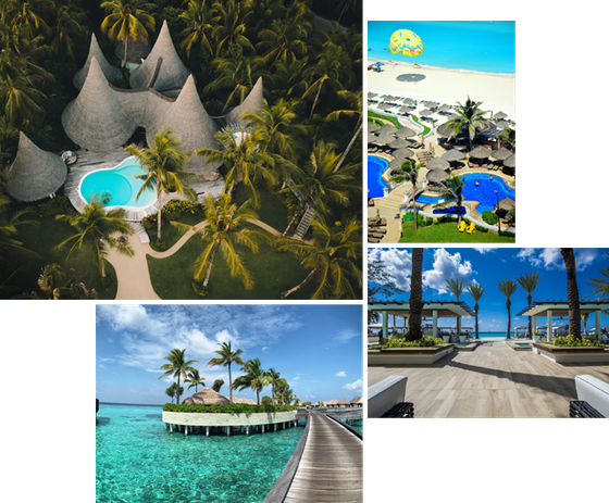 A collage of four pictures of a tropical resort