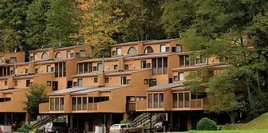 A row of houses sitting on top of a hill surrounded by trees.