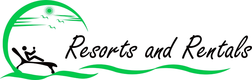 A logo for resorts and rentals with a person sitting on a beach.