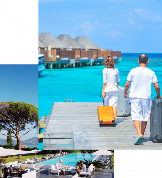 A man and a woman are walking on a dock with luggage.