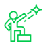 A green line icon of a man standing on a podium with a star coming out of his hand.