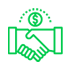 A green line icon of a handshake with a dollar sign above it.