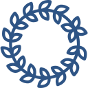 A blue laurel wreath with leaves in a circle on a white background.