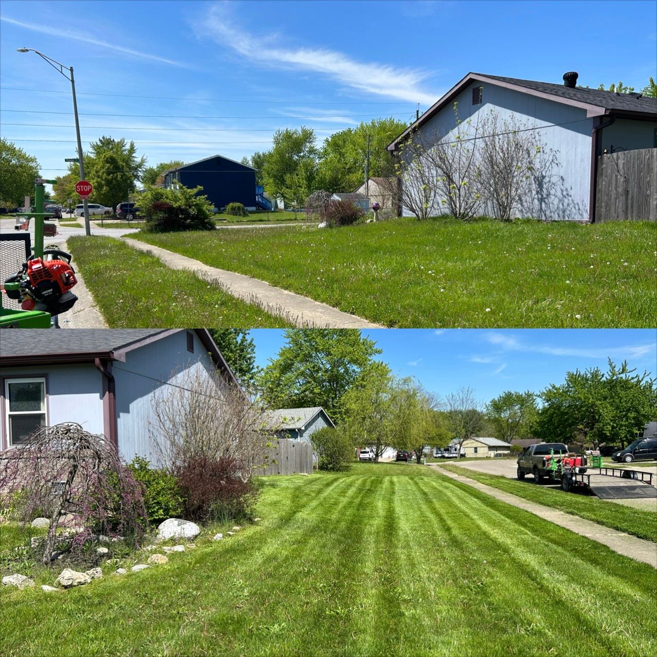 A before and after picture of a lawn with a house in the background.